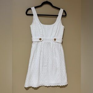 Shoshanna White Eyelet Midi Dress with Buttoned Waist